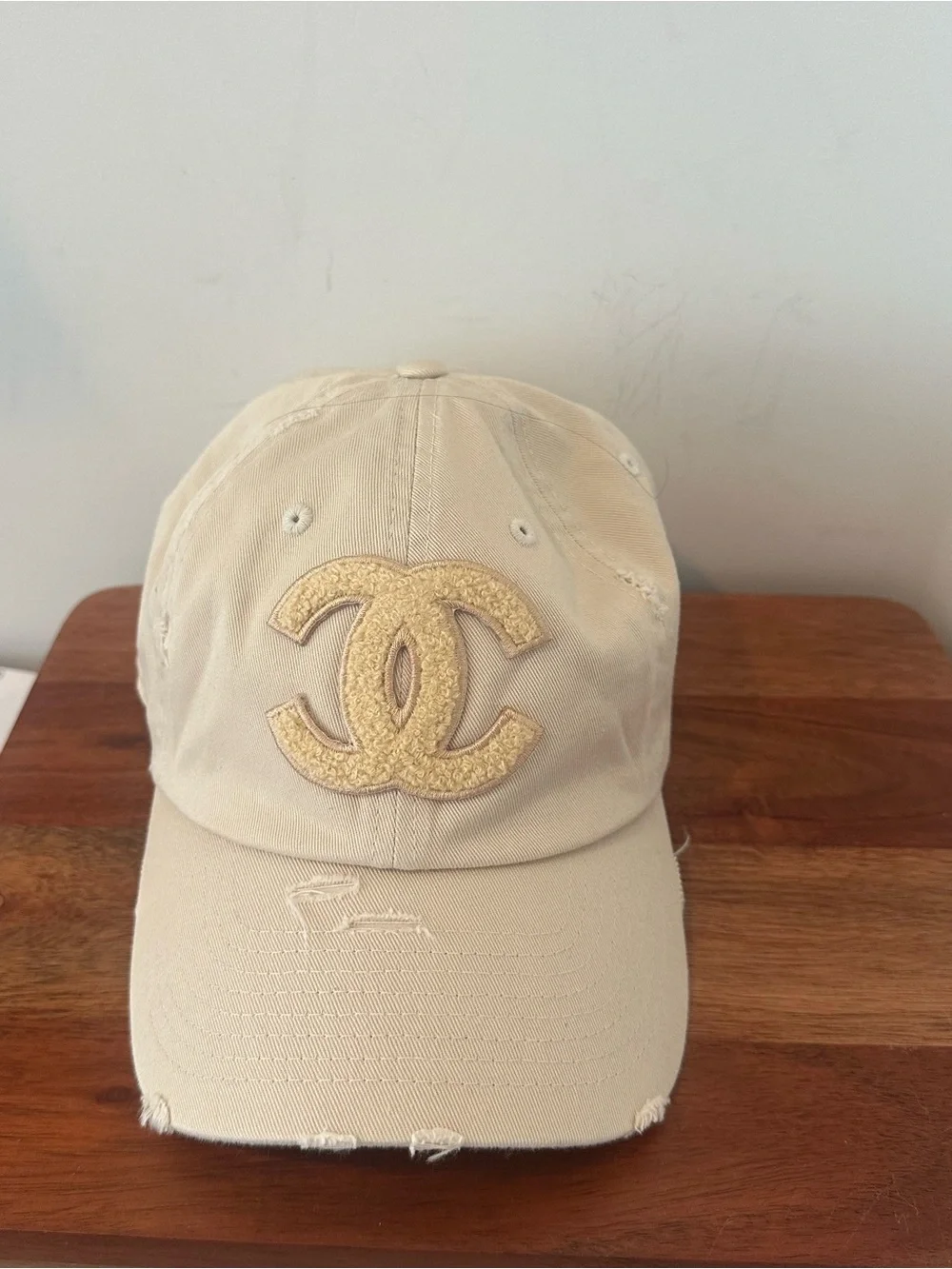 Designer Inspired Distressed Cream Baseball Cap with Textured Patch